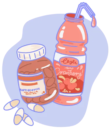 Antibiotic pills and cranberry juice with straw as a remedy for urinary tract infections